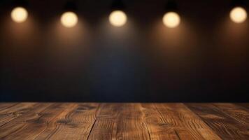 Empty dark wooden table top on blurred background with warm lighting. Banner with copy space. Template showcase scene for display, montage, advertising product. photo