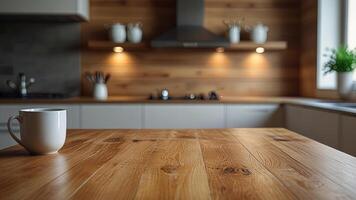 Wooden countertop with cup of tea or coffee on blurred modern kitchen interior background. Mock up with copy space. Template showcase scene for display, montage, advertising product photo