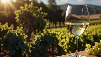Glass with white wine on blurred nature background, vineyard landscape in sunny day. Winemaking concept, tasting, grape production. Banner with copy space. photo