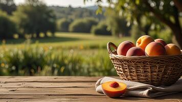 Ripe fragrant peaches in a wicker basket on a wooden surface on rustic countryside blurred background. Banner with copy space. Farm natural products concept. Nature landscape photo