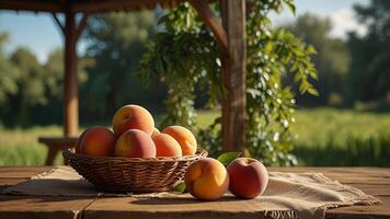 Ripe fragrant peaches in a wicker bowl on a wooden surface on rustic countryside blurred background. Banner with copy space. Farm natural products concept. Nature landscape photo