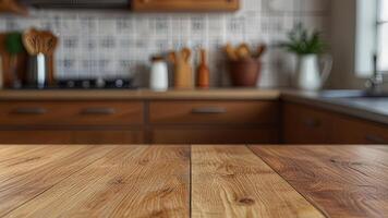 Empty wooden countertop on blurred modern kitchen interior background. Mock up with copy space. Template showcase scene for display, montage, advertising product photo