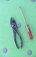 Pliers and a screwdriver on a green background. Tools. photo
