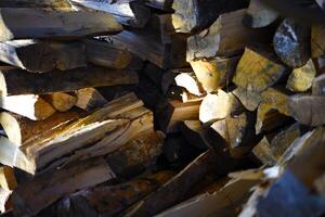 There's firewood in the closet. Stacked firewood. Storage of firewood. photo