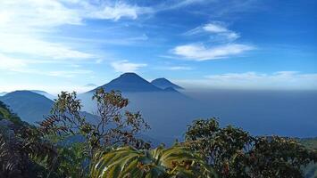 Natural views of Mount Sindoro and Mount Sumbing taken from the peak of Mount Bismo, Dieng, Wonosobo, Central Java in the morning, suitable for use as a natural background photo