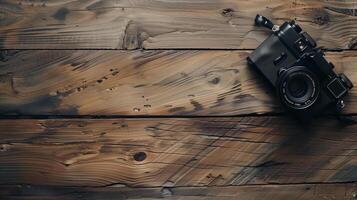 Camera lying on a wooden plain surface on beautiful background, top view photo