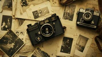 Camera and photographs lying on a plain surface on beautiful background, top view photo