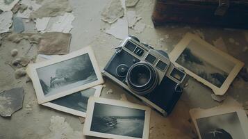 Camera and photographs lying on a plain surface on beautiful background, top view photo