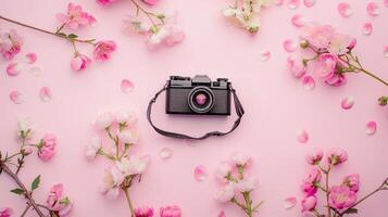 Camera lying on a plain surface on beautiful floral background with flowers, top view photo