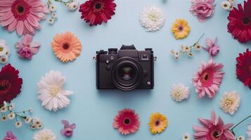 Camera lying on a plain surface on beautiful floral background with flowers, top view photo