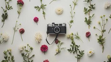 Camera and photographs lying on a plain surface on beautiful background, top view photo