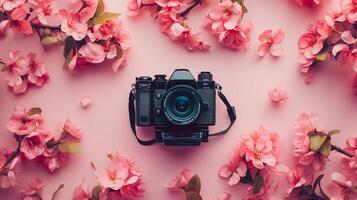 Camera lying on a plain surface on beautiful floral background with flowers, top view photo