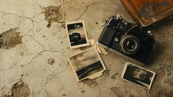 Camera and photographs lying on a plain surface on beautiful background, top view photo