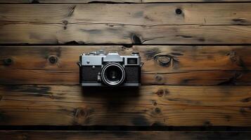Camera lying on a wooden plain surface on beautiful background, top view photo