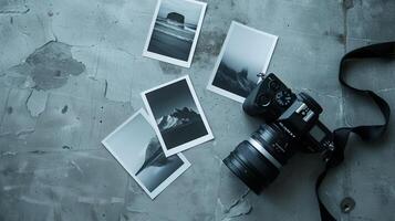 Camera and photographs lying on a plain surface on beautiful background, top view photo