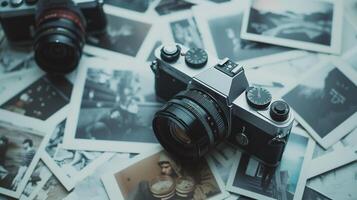 Camera and photographs lying on a plain surface on beautiful background, top view photo