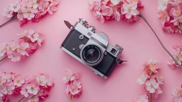 Camera lying on a plain surface on beautiful floral background with flowers, top view photo