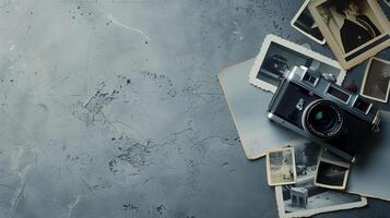 Camera and photographs lying on a plain surface on beautiful background, top view photo