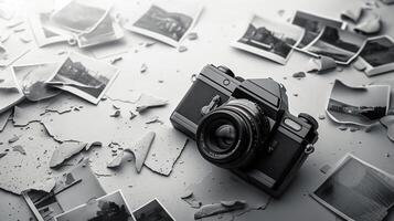 Camera and photographs lying on a plain surface on beautiful background, top view photo