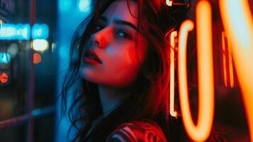 Photo of girl illuminated by neon sign, digital alphabet lettering, backlight, close up of upper body