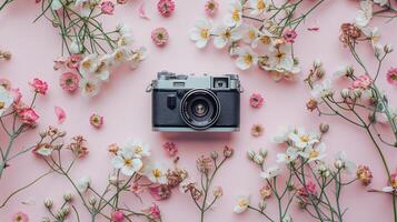 Camera lying on a plain surface on beautiful floral background with flowers, top view photo