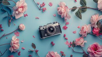 Camera lying on a plain surface on beautiful floral background with flowers, top view photo