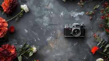 Camera lying on a plain surface on beautiful floral background with flowers, top view photo