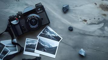 Camera and photographs lying on a plain surface on beautiful background, top view photo
