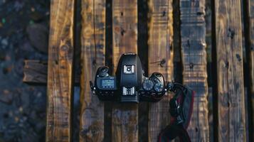 Camera lying on a wooden plain surface on beautiful background, top view photo