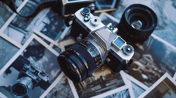 Camera and photographs lying on a plain surface on beautiful background, top view photo