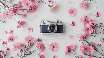 Camera lying on a plain surface on beautiful floral background with flowers, top view photo