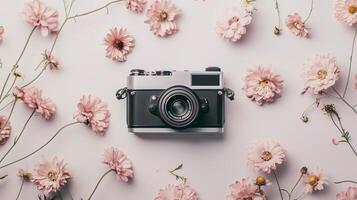 Camera lying on a plain surface on beautiful floral background with flowers, top view photo