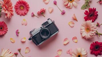 Camera lying on a plain surface on beautiful floral background with flowers, top view photo