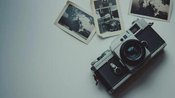Camera and photographs lying on a plain surface on beautiful background, top view photo