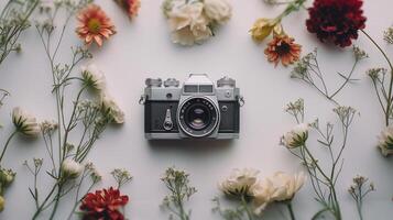 Camera lying on a plain surface on beautiful floral background with flowers, top view photo
