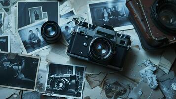 Camera and photographs lying on a plain surface on beautiful background, top view photo