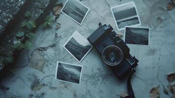 Camera and photographs lying on a plain surface on beautiful background, top view photo