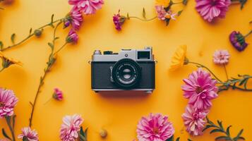 Camera lying on a plain surface on beautiful floral background with flowers, top view photo