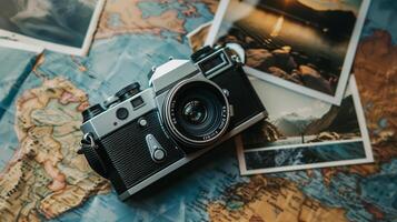 Camera and photographs lying on a plain surface on beautiful background, top view photo