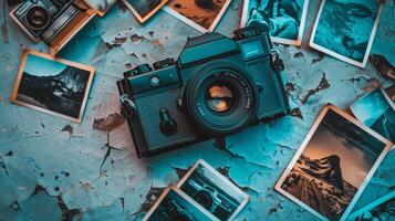 Camera and photographs lying on a plain surface on beautiful background, top view photo
