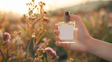 Perfume bottle in hand mockup with white blank label on beautiful background for branding product presentation photo