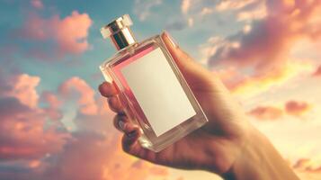 Perfume bottle in hand mockup with white blank label on beautiful background for branding product presentation photo