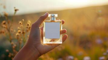 Perfume bottle in hand mockup with white blank label on beautiful background for branding product presentation photo