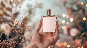Perfume bottle in hand mockup with white blank label on beautiful background for branding product presentation photo
