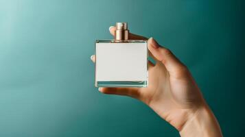 Perfume bottle in hand mockup with white blank label on beautiful background for branding product presentation photo