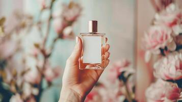 Perfume bottle in hand mockup with white blank label on beautiful background for branding product presentation photo