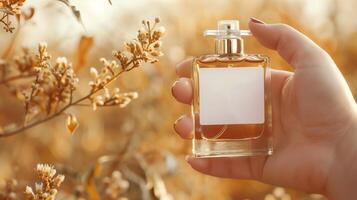 Perfume bottle in hand mockup with white blank label on beautiful background for branding product presentation photo