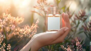 Perfume bottle in hand mockup with white blank label on beautiful background for branding product presentation photo