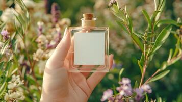 Perfume bottle in hand mockup with white blank label on beautiful background for branding product presentation photo