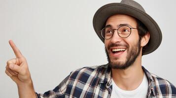 Human smiling pointing at something isolated on white background photo